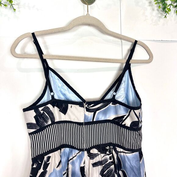 BCBGMAXAZRIA Silk Maxi Dress 6 White Blue Sleeveless Floral Abstract Ruffle Long - Picture 3 of 15